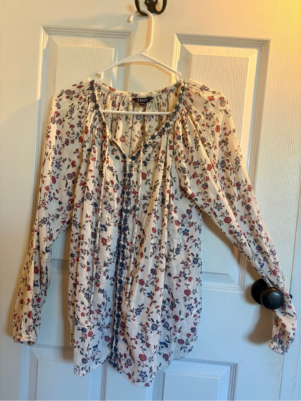 Chaps Cream Floral Peasant Blouse with Blue Trim - Picture 2 of 7